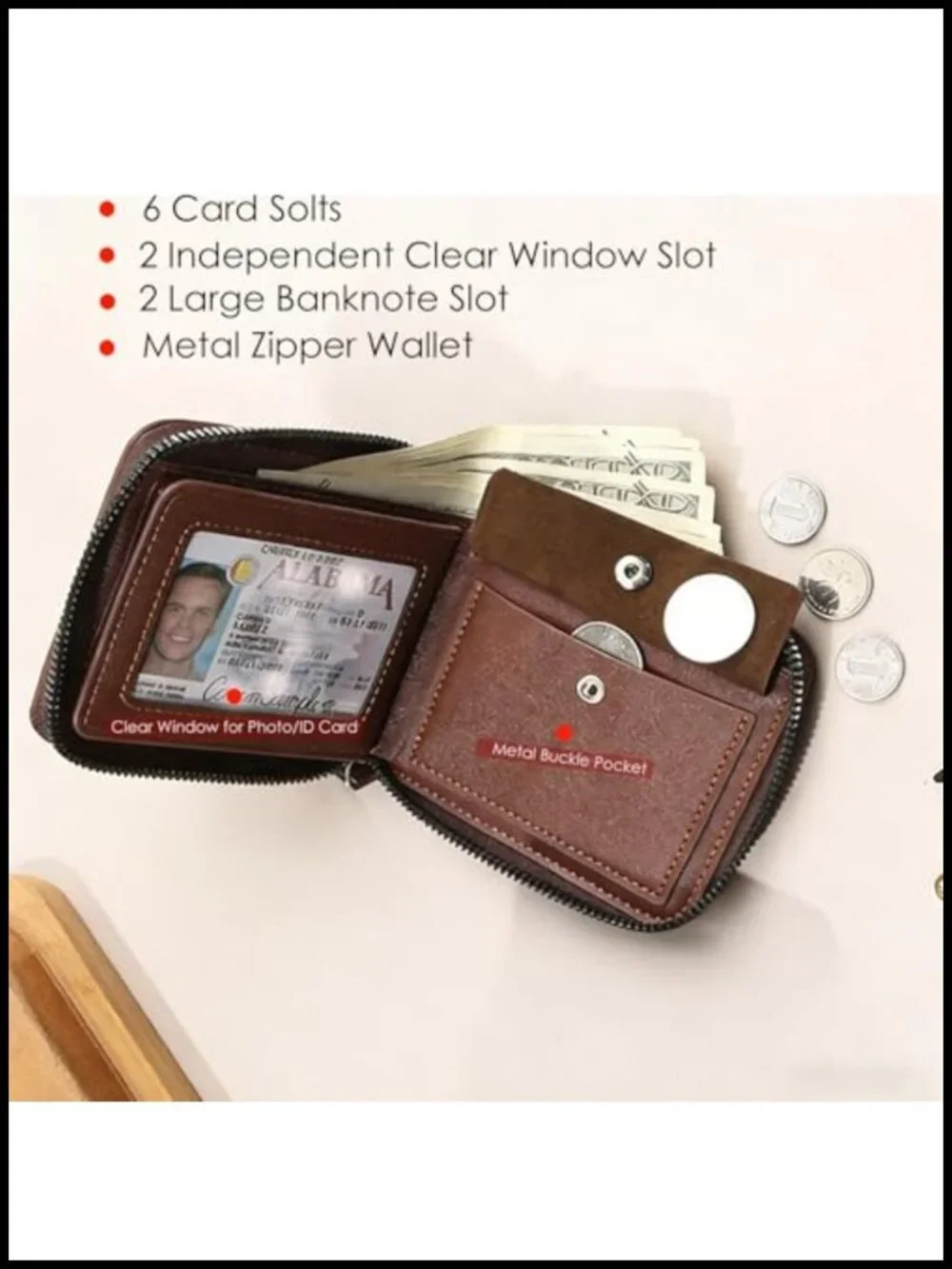 Slim Leather Bi-Fold Zipper Closure Wallet with 9 Card Slots